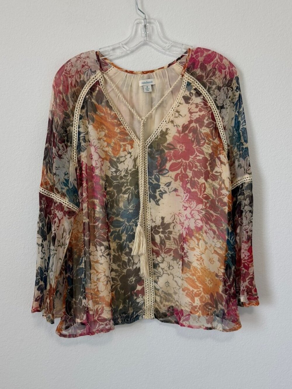 Sundance Long Flowy Sleeve Tie V-Neck Multicolor Floral Semi-sheer Blouse Size M